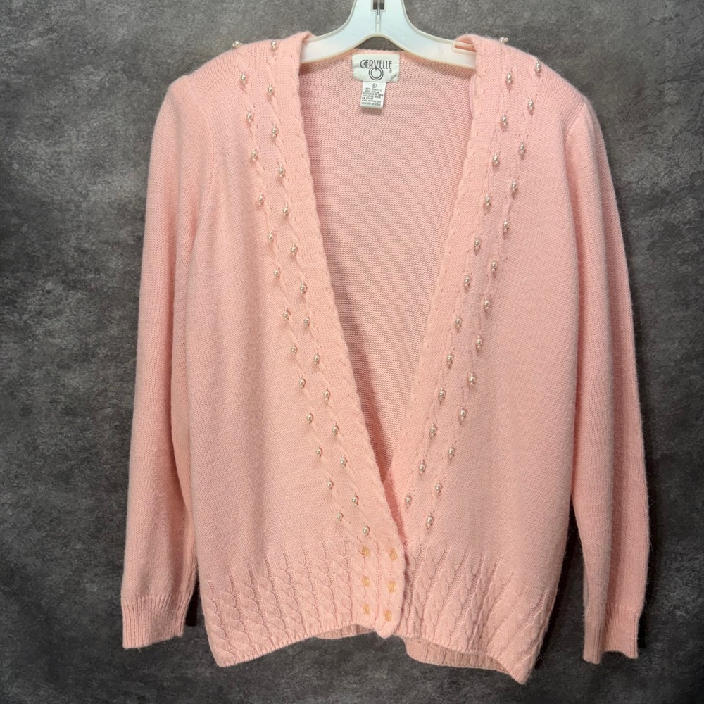 Cervelle Pink Faux Pearl Beaded Cable Knit Cardigan Size XL Twee Coquette Pastel